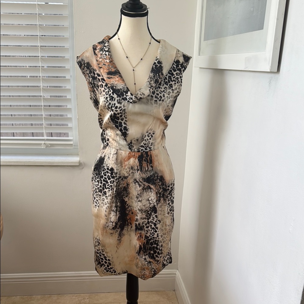 Tan Sleeveless Plunge Sheath Mini Dress